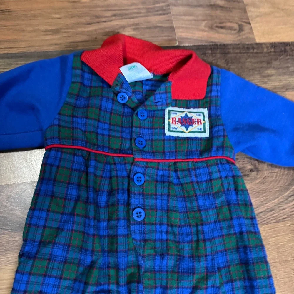 Vintage Healthtex Baby Boy Ranger Plaid Romper Blue Green Red 12 Months